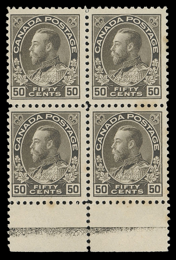 CANADA -  8 KING GEORGE V  120ii,A quite well centered mint block showing the sought-after Type D lathework of about 20% strength, noticeably better than the trace typically seen on the 50 cent; perf separation in the margin at foot and minor perf toning mostly visible from reverse only, full original gum never hinged. A presentable example of this key Admiral lathework that is often missing from even advanced collections, F-VF (Unitrade cat. $7,000 for fine NH block with trace of lathework)Provenance: The "Lindemann" Collection (private treaty, circa. 1997)