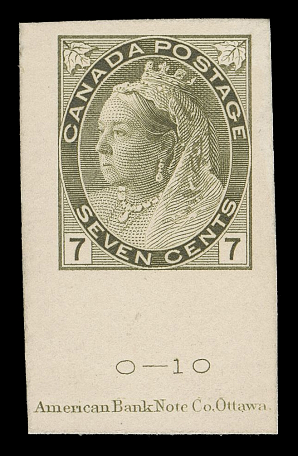 CANADA -  6 1897-1902 VICTORIAN ISSUES  81,Trial Colour Small Die Proof, engraved, printed in olive green on card mounted india paper 23 x 38mm; showing die number "O-10" and complete American Bank Note Co. Ottawa. imprint (21.5mm) below design; shallow card thin not readily noticeable, a very rare coloured proof. Unlisted in both Minuse & Pratt and Glen Lundeen BNA Proofs website - a clear indication of its rarity, VF
