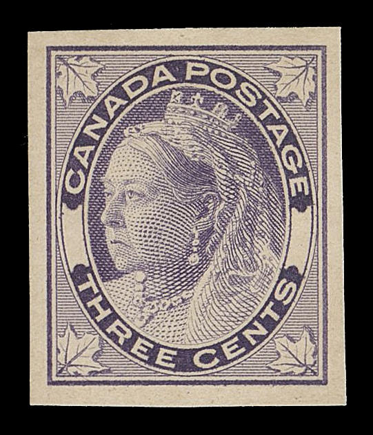 CANADA -  6 1897-1902 VICTORIAN ISSUES  69,Progressive Die Proof printed in dull violet, stamp size on card mounted india paper (0.011" thick), showing white blanks with semi-circular ends (McLaughlin Style A). An appealing initial stage engraved proof, VF (Minuse & Pratt 69PX-Ba)