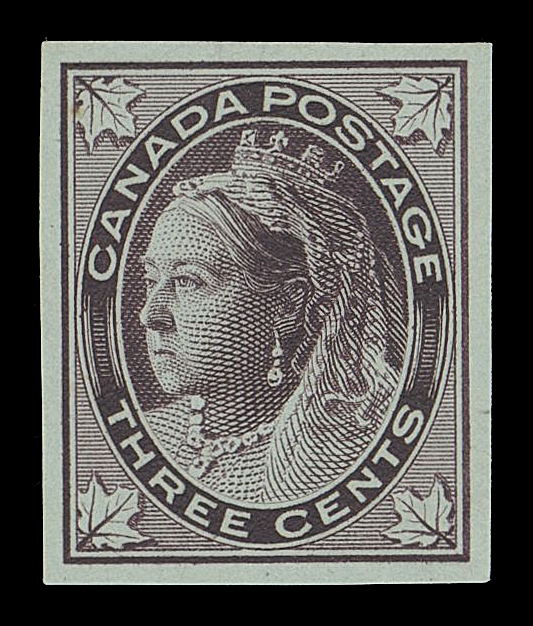 CANADA -  6 1897-1902 VICTORIAN ISSUES  69,Progressive Die Proof printed in violet red, stamp size, on thick bluish green wove paper (0.005" thick), showing white arcs with partial horizontal lines in oval at sides (McLaughlin Style B). A rare and remarkable initial stage coloured proof, VF (Minuse & Pratt 69PX-Cc)