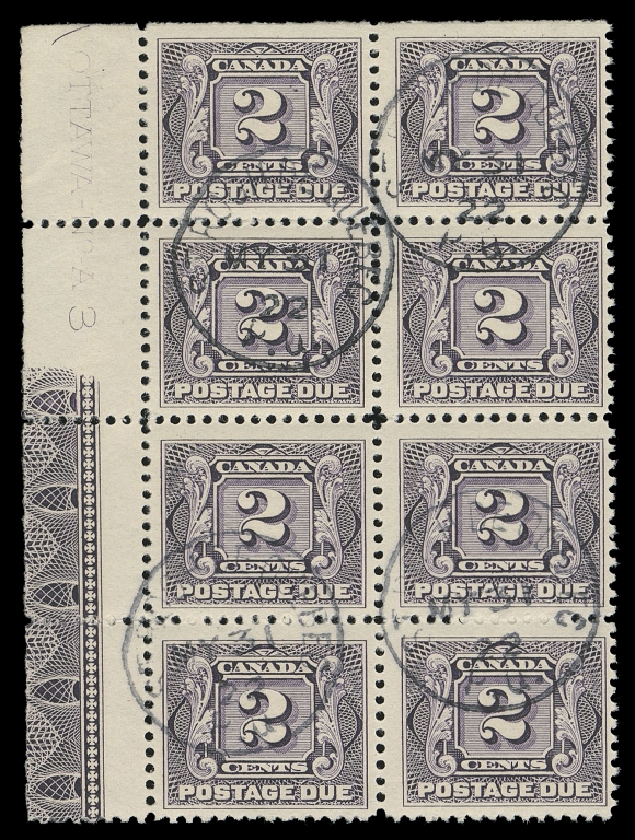 CANADA - 16 POSTAGE DUE  J2,An upper left used block of eight with natural straight edge at  top showing "OTTAWA - No - A3" plate imprint next to positions 10 & 20 and complete, full strength Type A lathework spanning more  than half of the length of the left margin, brilliant fresh  colour and attractive St. Roch de Quebec MY 31 22 CDS postmarks. An appealing and very rare positional plate number lathework  multiple, VF (Unitrade cat. $6000 for three used lathework  singles)
