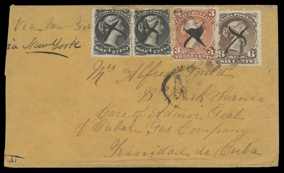 CANADA -  4 LARGE QUEEN  1870 (March 18) Orange cover endorsed "via New York" bearing pair of ½c black clipped on two sides and single 3c red and 6c brown, minor perf flaws, tied by faint two-ring numeral cancels and additionally cancelled by manuscript "X", mailed to Trinidad, Cuba with Spanish oval "NA" (Norte America) handstamp per postal regulations governing mail to Cuba 1870-1871; somewhat reduced at left and minor edge wrinkling at foot; reverse shows partially legible Amherst, NS double arc dispatch and a Trinidad, Cuba 9 ABR 70 CDS arrival postmark. Pays a very rare 10 cent per half ounce, via U.S. Packet to Cuba (effective October 1869 to October 1870), Fine (Unitrade 21, 25, 27)Census: Wayne Smith Large Queen cover census (as of late 2021) records only four covers to Cuba; this being the only one with this particular franking.