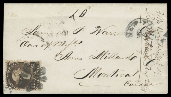 CANADA -  4 LARGE QUEEN  1868 (August 28) Small white envelope mailed from New York to Montreal franked with a 6c dark brown on medium horizontal wove paper, corner fault that occurred prior to being affixed, tied by cork cancel and cork cancels with second partial strike of duplex at top right, Montreal receiver on back. A rare instance of a Canadian stamp being accepted by the New York post office, according to the Wayne Smith Large Queen cover census only one other cover bearing a 6c Large Queen mailed from the US has been recorded (from same correspondence), VF (Unitrade 27)