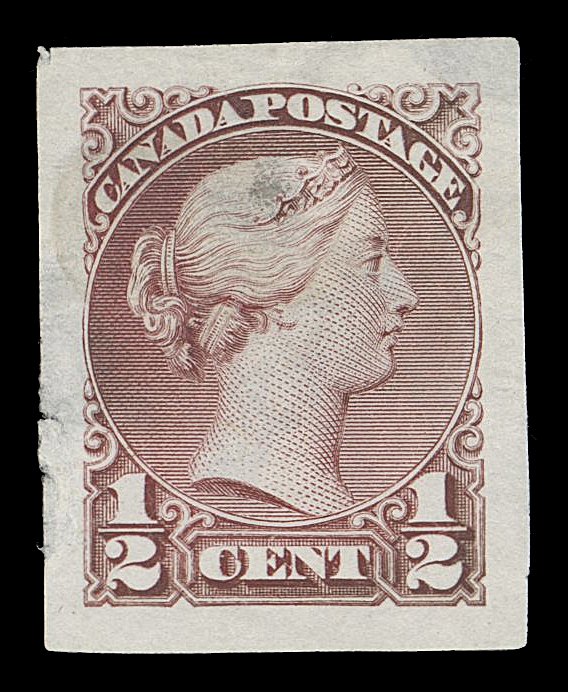 CANADA -  4 LARGE QUEEN  21,British American Bank Note Company Die Essay - the unissued design, printed in claret, stamp size on india paper, usual india thinning, light stain and tiny edge flaw, large margined and of very fine appearance. A very rare and appealing die essay. (Minuse & Pratt 21E-AB, unlisted in this colour) Provenance: The "Lindemann" Collection (private treaty, circa. 1997)This essay was previously categorized as an essay for the Large Queen Issue; see Minuse & Pratt handbook as an example. However, it bears a closer resemblance and shows similar characteristics to adopted on the Small Queen issue.