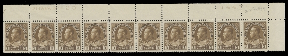 CANADA -  8 KING GEORGE V  108b,A very well centered and choice mint Plate 20 strip of ten from upper right pane, penciled "22 Feb 19" date of acquisition, light hinging in selvedge only leaving all stamps VF NH (Unitrade cat. $1,950)