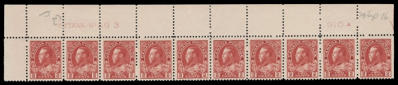 CANADA -  8 KING GEORGE V  106iv,A beautiful Upper Left Plate 93 strip of ten with printing order number "910A" at right, penciled "29 Sept 16" date of acquisition, reasonably centered and showing the distinctive scarcer shade, LH in selvedge only leaving all stamps NH, F-VF (Unitrade cat. $1,170)