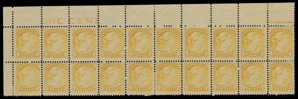 CANADA -  5 SMALL QUEEN  35,A remarkable mint corner block of twenty from the plate of 200 subjects, showing left half portion of the BABN imprint (Boggs Type VII) above position 10 along with unshaded, sans-serifed "ONE CENT" counter at top left, top row quite well centered with noticeably large margins, some minor perf separations strengthened by small hinges, full original gum with twelve stamps NH, F-VF and very scarce (Unitrade cat. $1,640 for singles only)Provenance: C.M. Jephcott (private sale). His exhibit page annotates this strip as Plate "C".