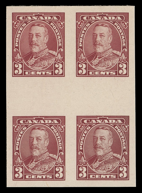 CANADA -  8 KING GEORGE V  217-222,The set of six plate proof blocks of four in issued colours on card mounted india paper; each with horizontal gutter margin (12mm wide) between pairs. A lovely set of interpanneau proof blocks, VF (Unitrade cat. $2,400 as single proofs)