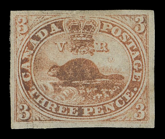 CANADA -  2 PENCE  1,A seldom seen unused single, faint laid lines, repaired at left side and somewhat oxidized. Nevertheless, a presentable and very fine appearing example of this stamp that is rarely available in unused condition; 2020 Greene Foundation cert. (Unitrade cat. $60,000)
