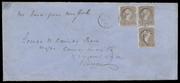 CANADA -  4 LARGE QUEEN  1868 (October 12) Legal size blue envelope with intact black wax seal on reverse, endorsed "per Java from New York" and mailed to Scotland, displaying an impressive and one-of-a-kind franking of a block of three of the 15c deep red lilac shade on medium horizontal wove paper perf 12, tied by light Hamilton OC 12 duplex, small stain at top left, overall in excellent shape considering the large franking and weight it originally carried; reverse struck on arrival with neat Glasgow OC 24 68 CDS postmark. Pays a very rare triple Cunard Line letter rate (in effect January 16, 1868 to December 31, 1869) for letter up to 1½ ounce; THE ONLY KNOWN SUCH FRANKING AND RATE COMBINATION. A great showpiece, F-VF (Unitrade 29b)Provenance: Gerald Wellburn (private sale)Census: The Wayne Smith Large Queen census (revised late 2021) reveals that this is the only recorded triple Cunard Line rate franked with three 15c to the UK.