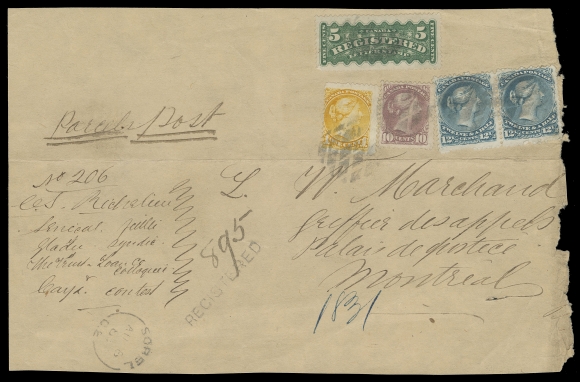 CANADA -  4 LARGE QUEEN  1883 (August 6) Registered parcel post piece to Montreal bearing  a 12½c dull blue pair (no outer frameline variety at bottom left  on right stamp) plus Small Queen 1c yellow and 10c magenta,  Montreal printings perf 12, and a 5c green RLS, cancelled or tied by segmented corks, Sorel, C.E. split ring dispatch and  straightline REGISTERED handstamp; rough edge at right and  horizontal fold away from stamps. Pays six times the 6c (per 4  ounces) parcel post rate (in effect as of April 1, 1879) for a  total of 36 cents + 5c registration (in effect on domestic parcel post since July 1, 1859). One of only two know 36 cent Domestic  Parcel Post + 5c registration fee and a unique franking according to the latest cover census, Fine (Unitrade 28, 28ii, 35i, 40a,  F2)Literature: Illustrated and described in Harrison, Arfken &  Lussey "Canada