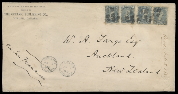 CANADA -  4 LARGE QUEEN  1888 (January 5) Oceanic Publishing Co., Guelph, Canada large envelope with red wax seal on back, addressed to New Zealand, endorsed "Via San Francisco", franked with two pairs of 15c blue grey on medium vertical wove paper perf 12, wrinkling near top perforations from thick original content, cancelled by segmented corks, Guelph JA 5 dispatch postmarks, San Francisco receivers dated JAN 10 and JAN 12 along with Auckland 3 FE CDS receiver backstamps. Pays an impressive 60 cent Quadruple non-UPU rate (15c per half ounce), F-VF (Unitrade 30b)Expertization: 1998 Greene Foundation certificate