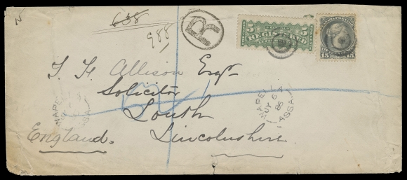 CANADA -  4 LARGE QUEEN  1886 (July 6) Legal envelope from Wapella, Assiniboia to Lincolnshire, England, franked with a 15c grey on medium vertical wove paper perf 12 and 5c green RLS tied by circular mute cancels, oval "R" registration handstamp at left, two strikes of Wapella, Assa split ring dispatch, another two strikes on reverse along with two RPOs, oval Registered Winnipeg transit and Louth JY 25 86 CDS receiver backstamp. Light toning mainly confined to edges of the cover; a rare 15c single franking paying the triple UPU letter rate, plus 5 cent registration to the UK, especially so originating from Assiniboia (now Saskatchewan), Fine (Unitrade 30, F2)Provenance: George Arfken, Firby Auctions, May 1997; Lot 929