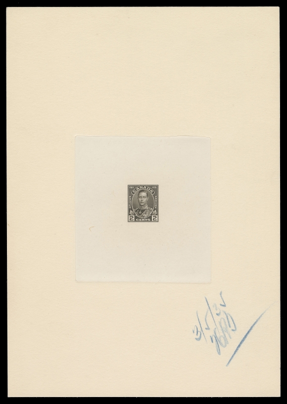 CANADA -  8 KING GEORGE V  212,Large Die Proof, engraved, printed in the issued colour on india paper 75 x 80mm, die sunk on large card 152 x 215mm; the unhardened die without die number or imprint, blue crayon date "3/5/35" and initialed at bottom right; on reverse Engraving Order Department "Clock" Approved 1935 MAR 5 datestamp along with red handstamp "D.E.W. MAR 5 1935" from Daniel E. Woodhull, ABNC President, in pristine condition, VF and appealing