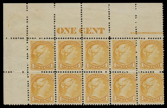 CANADA -  5 SMALL QUEEN  35d,A fabulous reconstructed plate imprint strip of twenty consisting of upper left block of ten, a block of four and upper right block of six, BABN imprint (Boggs Type IV) and shaded, serifed "ONE CENT" counter at left; diagonal crease along top row stamps in UL block and selvedge thin on the imprint block of four. Exceptionally fresh colour and characteristic dull, streaky original gum, eighteen stamps are NEVER HINGED. A major plate imprint rarity and along the earliest surviving plates of the One cent Small Queen, Fine (Unitrade cat. $9,400 as single stamps)Provenance: C.M. Jephcott (private sale) - the UL counter part imprint block of ten