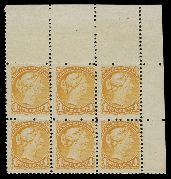CANADA -  5 SMALL QUEEN  35d,A fabulous reconstructed plate imprint strip of twenty consisting of upper left block of ten, a block of four and upper right block of six, BABN imprint (Boggs Type IV) and shaded, serifed "ONE CENT" counter at left; diagonal crease along top row stamps in UL block and selvedge thin on the imprint block of four. Exceptionally fresh colour and characteristic dull, streaky original gum, eighteen stamps are NEVER HINGED. A major plate imprint rarity and along the earliest surviving plates of the One cent Small Queen, Fine (Unitrade cat. $9,400 as single stamps)Provenance: C.M. Jephcott (private sale) - the UL counter part imprint block of ten
