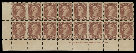 CANADA -  5 SMALL QUEEN  43,An appealing mint block of sixteen from lower left corner of the sheet, shows BABN imprint (Boggs Type IV), a few trivial split perfs supported by hinges, full original gum with five stamps NH, Fine and scarce
