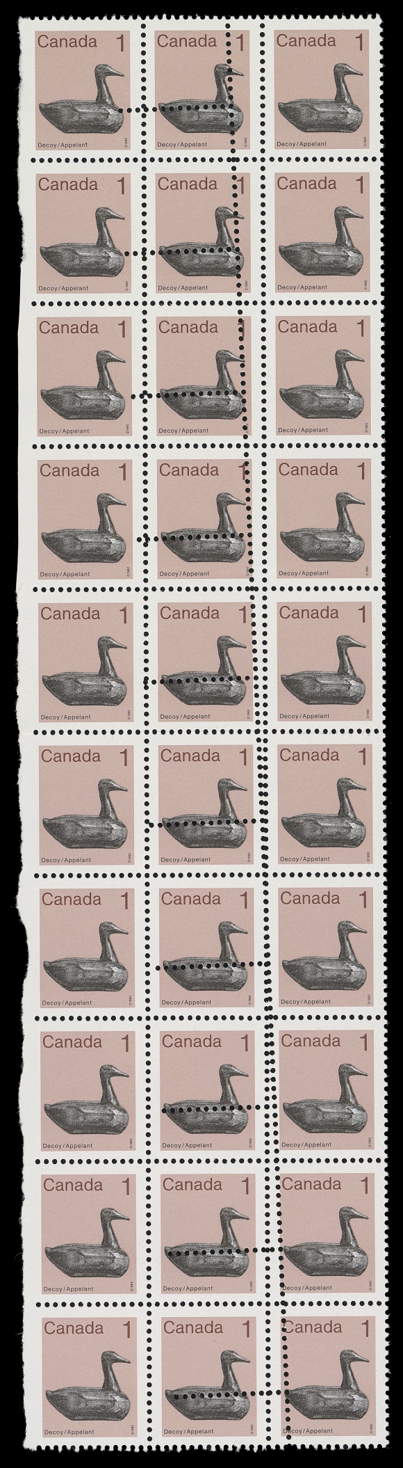 CANADA - 10 QUEEN ELIZABETH II  917iii variety,A visually striking mint block of thirty, part of margin at left irregularly severed, showing slanting double perforations mainly confined to stamps in second column, imperforate vertically between left margin and stamps in first column; a rarely seen large multiple showing the complete span of this unusual perforation error, VF NH