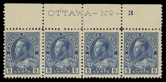 CANADA -  8 KING GEORGE V  111 shade,A scarce mint Plate 3 strip of four, quite well centered and displaying an unusual early shade between Indigo and dark blue, hinged in margin just touching the top of centre pair, end stamps are NH, F-VF (Unitrade cat. $1,410 for normal blue shade stamps)
