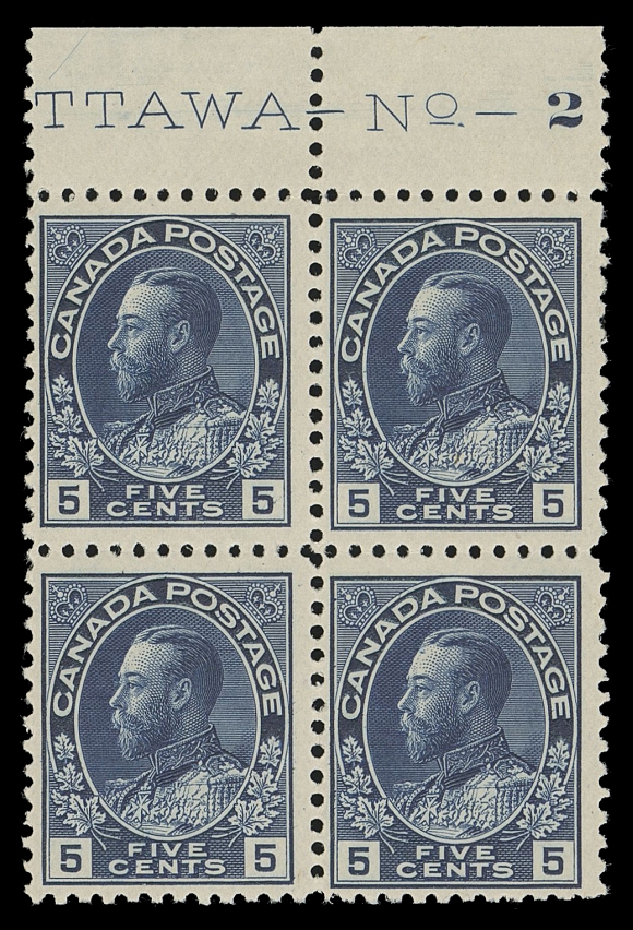 CANADA -  8 KING GEORGE V  111a,A lovely fresh, mint Plate 2 imprint block in the distinctive shade, and sharper impressive than from later printings, the lower pair is NH, tiny moisture spot on lower left stamp, Fine+ LH, a very scarce plate block; 2015 RPSL cert. (Unitrade cat. $1,120 as single stamps)