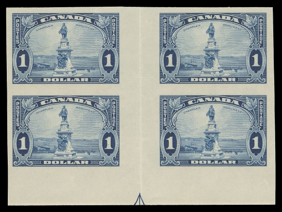 CANADA -  8 KING GEORGE V  227ii,A visually striking mint imperforate block of four with gutter margin between (12mm wide), shows guide arrow in margin at foot;  central vertical gutter fold as do all known examples, faint gum  disturbance in lower margin only, a very seldom encountered VF NH gutter block. (Unitrade cat. $3,750 for a gutter margin block of eight)