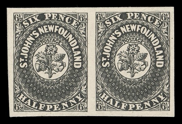 NEWFOUNDLAND -  1 PENCE  7P,Perkins Bacon original plate proof pair, printed in black on thin white card, exceptionally fresh with large margins all around. Superb in all respects and very rare as only one sheet of 20 was printed, XF