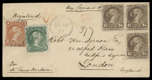 CANADA -  4 LARGE QUEEN  1869 (January 18) Amber envelope, endorsed "by Cunard..." and "Registered", mailed to London with an extraordinary franking consisting of single 2c green & 3c red along with three 6c dark brown (Plate 2) on medium horizontal wove paper, couple minute perf flaws but otherwise stamps are sound and lightly cancelled by mute grids, Toronto split ring dispatch at centre alongside light "Crown" Registered handstamp in red; small portion of backflap missing and light cover soiling, clear London, W.C.  FE 1 69 arrival CDS. A remarkable three-colour franking paying a very rare registered Cunard Line letter rate, 15 cent pre-UPU letter rate plus 8 cent registration fee; only five exist to the UK and only one has a similar franking (to Scotland). A wonderful showpiece, F-VF (Unitrade 24, 25, 27)Provenance: Horace Harrison Collection of Canadian Postal History, Matthew Bennett Auctions, February 2003; Lot 134