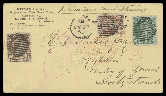 CANADA -  4 LARGE QUEEN  1870 (May 20) Ottawa Hotel amber envelope with large illustration of the hotel on reverse, endorsed "per Canadian Mail Steamer" and mailed to Switzerland. A very rare three-colour Large & Small Queen franking - 2c green, 6c brown (Plate 1) and Small Queen 3c copper red, tied by Montreal duplex grid / datestamps; 2c replaced slightly away from its original position with small portion of "PD" oval line painted over stamp, clear London PAID 31 MY 70 transit CDS in red and Swiss receiver Pfaffikon 2 VI 70 backstamps. An early 10 cent pre-UPU letter rate per half ounce (via Belgium, effective as of February 9, 1870) to Switzerland; overpaid by 1 cent for convenience and with great visual appeal, F-VF; 2006 Greene Foundation cert. (Unitrade 24, 27, 37b)Census: According to Wayne Smith Large Queen cover census (revised as of late 2021), only a mere five covers have been reported (four different frankings) showing a 10 cent rate to Switzerland. Three of the five covers have Large & Small Queen mixed-issue frankings.