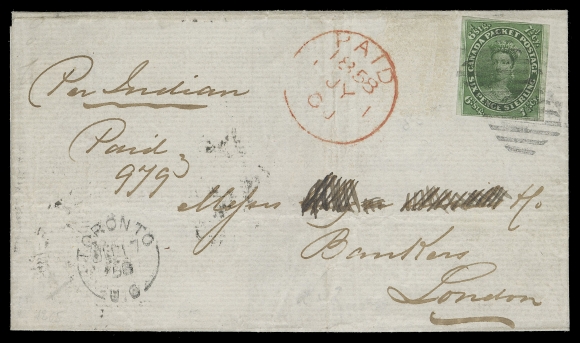 CANADA -  2 PENCE  1858 (June 17) Folded cover endorsed "Per Indian" mailed from Toronto to London, addressee obliterated, franked with a wide margined 7½ pence green with lovely colour, neatly tied by two strikes of the diamond grid cancellation, split ring dispatch at left, Montreal JU 18 transit backstamp and London "Paid 1858 JY 1" circular datestamp in red,  F-VF (Unitrade 9)Provenance: John Seybold, J.C. Morgenthau & Co., March 1910; Lot 619 - with his distinctive owner