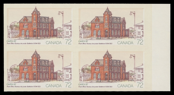 CANADA - 10 QUEEN ELIZABETH II  1123-1125 variety,The set of three imperforate blocks of four with matching sheet margin at right, very rarely seen in blocks, VF NH

Only one sheet of 50 of each denomination exists imperforate, showing plate inscriptions in each corner. Assuming the four plate blocks from each sheet were offered as such, this would only leave 17 sets of pairs.

The low value 34 cent does not exist imperforate. Interestingly enough this stamp was issued earlier (February 1987), whereas the other three values were issued a day prior to the opening of the International Philatelic Exhibition - Capex 