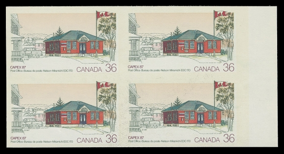 CANADA - 10 QUEEN ELIZABETH II  1123-1125 variety,The set of three imperforate blocks of four with matching sheet margin at right, very rarely seen in blocks, VF NH

Only one sheet of 50 of each denomination exists imperforate, showing plate inscriptions in each corner. Assuming the four plate blocks from each sheet were offered as such, this would only leave 17 sets of pairs.

The low value 34 cent does not exist imperforate. Interestingly enough this stamp was issued earlier (February 1987), whereas the other three values were issued a day prior to the opening of the International Philatelic Exhibition - Capex 