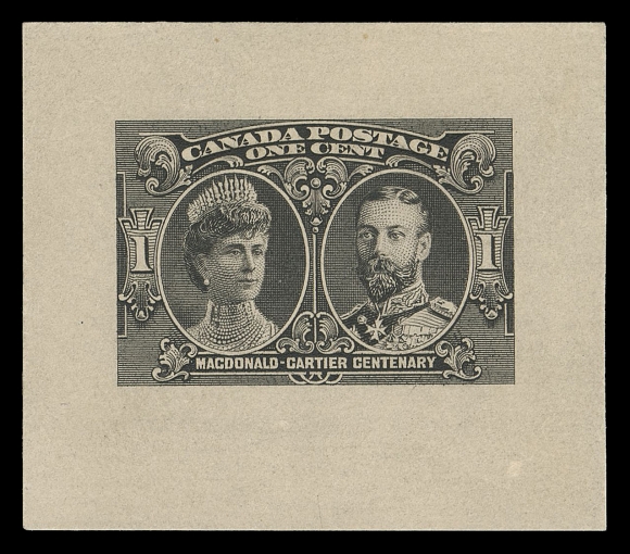 CANADA -  8 KING GEORGE V  A fabulous set of six different Die Essays of the final proposed  designs, which were never issued. Engraved and printed in a  matching olive-black colour on yellowish cards (0.01" to 0.011"  thick) measuring approx 50-58mm by 43-50mm; all except the one  cent have the respective die number above the design. A superb  set of these rarely seen die essays, VF (Minuse & Pratt E-1b -  E-7b)