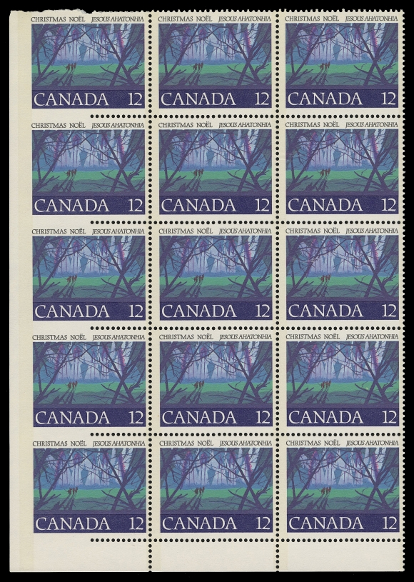 CANADA - 10 QUEEN ELIZABETH II  742ii,Field stock (no imprint as issued) lower left block of 15, the left margin and left-half of the first column of stamps is completely imperforate, immaterial gum wrinkle on right stamp in middle row. A rare perforation error, VF NH