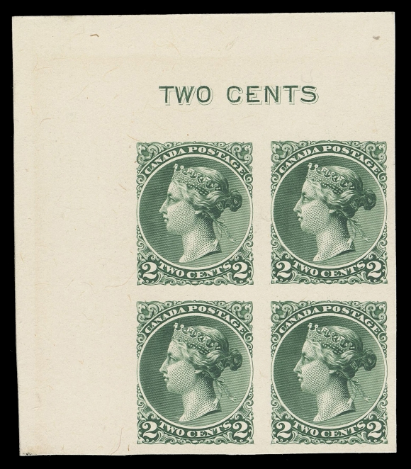 CANADA -  5 SMALL QUEEN  Canadian Bank Note Engraving & Printing Co., an engraved, corner margin, plate essay block from a sheet of 100 subjects, printed in dark green on card mounted india paper, showing "TWO CENTS" counter at top; a most attractive and choice positional block, XFProvenance: Bill Simpson, Part II, Maresch Sale 307, May 1996; Lot 271