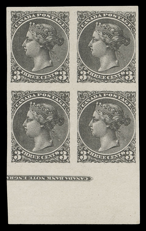 CANADA -  5 SMALL QUEEN  Canadian Bank Note Engraving & Printing Co. lithographed plate essay, a reconstructed block of eight (from a sheet of 100), printed in black on white surfaced wove paper and showing complete framed CBNE & PO imprint in inverted position, light thin on top pair of right block, otherwise in fresh and choice condition, VFProvenance: Bill Simpson, Part II, Maresch Sale 307, May 1996; Lot 277