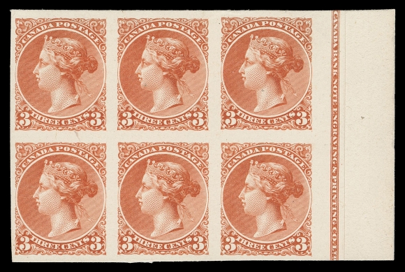 CANADA -  5 SMALL QUEEN  Canadian Bank Note Engraving & Printing Co., engraved plate essay block of six from right of a sheet of 100 subjects, printed in orange on card mounted india paper, displaying virtually complete framed CBNE & PO imprint; remarkably fresh and most appealing, XF; ex. C.M. Jephcott (private sale), Bill Simpson (Part I, March 1996; Lot 391)