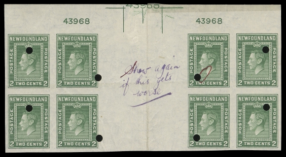 NEWFOUNDLAND -  6 1941-1944 RESOURCES  253i/269v,The set of five top margin imperforate gutter margin blocks of eight with plate numbers, all with Waterlow security punches; typical minor flaws and usual crease in the interpanneau margins. Three blocks have printer