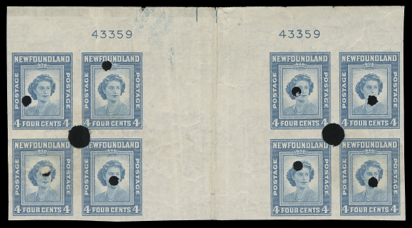 NEWFOUNDLAND -  6 1941-1944 RESOURCES  253i/269v,The set of five top margin imperforate gutter margin blocks of eight with plate numbers, all with Waterlow security punches; typical minor flaws and usual crease in the interpanneau margins. Three blocks have printer