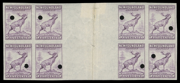 NEWFOUNDLAND -  6 1941-1944 RESOURCES  253i, 254iv, 255vi, 257vii, 269v,Imperforate horizontal gutter margin blocks of eight with Waterlow archival security punches, folded at centre as always with typical wrinkles. This rare set of five interpanneau blocks is complete as no other values exist in this format, VF OG
