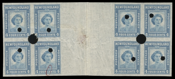 NEWFOUNDLAND -  6 1941-1944 RESOURCES  253i, 254iv, 255vi, 257vii, 269v,Imperforate horizontal gutter margin blocks of eight with Waterlow archival security punches, folded at centre as always with typical wrinkles. This rare set of five interpanneau blocks is complete as no other values exist in this format, VF OG