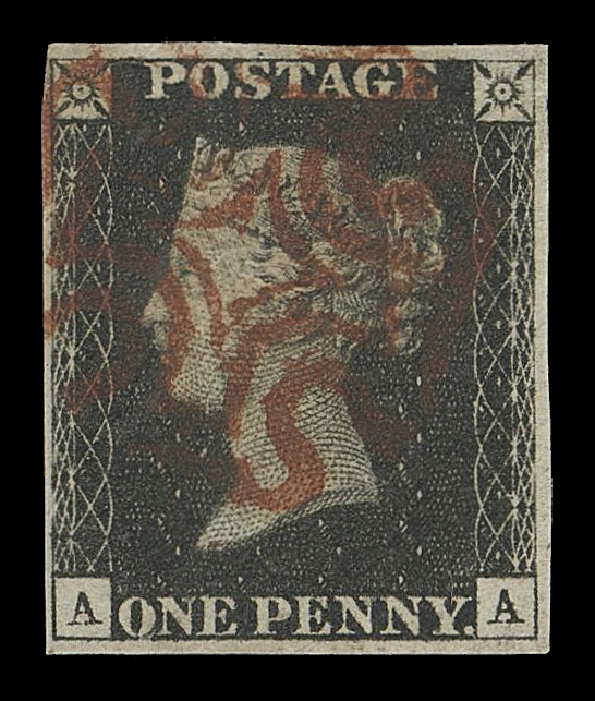 GREAT BRITAIN  1,The sought-after positional stamp with well clear to ample margins, Maltese cross cancel in red, VF; 2020 RPS of London cert. identified as Spec AS46 (SG 2 £525)