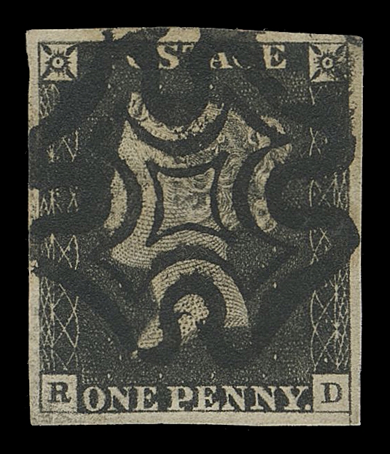 GREAT BRITAIN  1,A superb stamp surrounded by noticeably large margins and ideally struck Maltese cross cancel in black, XF; 2023 RPS of London cert. identified as Spec AS14 (SG 2 £375)