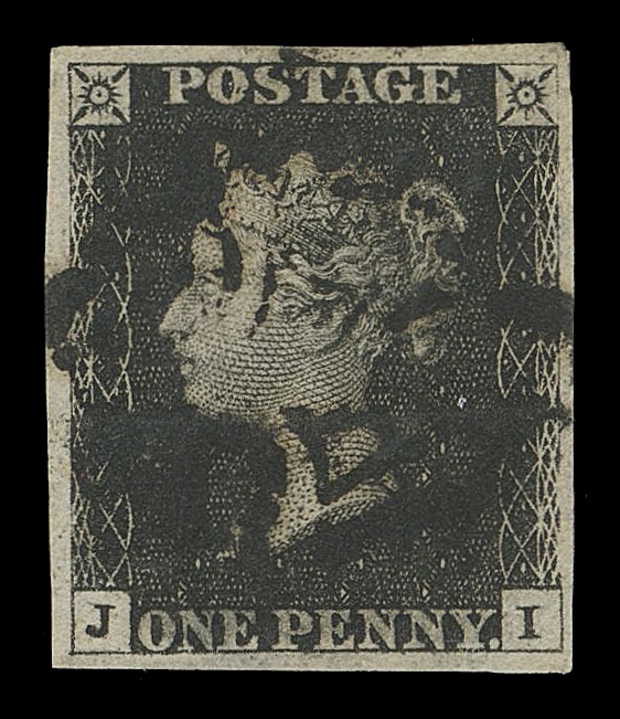 GREAT BRITAIN  1d,A selected example with large margins, rich colour on blued "Bleuté" paper, used with central Maltese cross in black, VF and elusive; 2018 RPS of London cert. identified as Spec AS41e (SG 2a £775)
