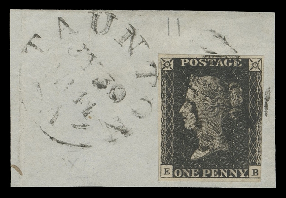 GREAT BRITAIN  1,The very scarce plate, a single in the characteristic shade associated with this Plate, used on piece with mostly large margins except at lower right touching design, black Maltese cross cancel and Taunton JY 30 1841 datestamp struck beside, Fine+; 2014 RPS of London cert. identified as Spec AS72 (Scott cat. $5,750; SG 2 £4,600)