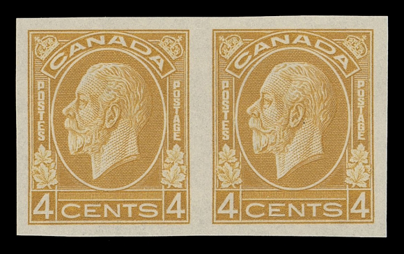 CANADA -  8 KING GEORGE V  195c-201a,The complete set of seven imperforate pairs in horizontal format, ample to large margins and post office fresh colour; the 1c to 3c printed by rotary press with white original gum, one pair with negligible fingerprints on gum; the 4c to 8c & 13c Citadel printed on flat press with characteristic brown gum unusually pristine and without the disturbance normally seen; a beautiful set, VF-XF NH
