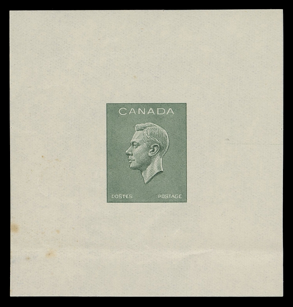 CANADA -  9 KING GEORGE VI  Non-denominated Die Essays engraved in brown and in green on gummed stamp paper, measuring 60 x 53mm; former is sound VF NH; latter with gum disturbance, horizontal crease and couple tone spots, Fine; a very seldom seen duo of this unusual rejected design.