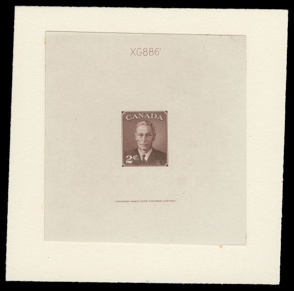 CANADA -  9 KING GEORGE VI  290, 291, 293,A trio of Large Die Proofs in red brown (near issued colour), rose violet and blue on india paper 72-74 x 72-78, affixed on archival card approx 100 x 100mm, each with respective die number and CBN imprint, VF and rare (Unlisted in Minuse & Pratt)