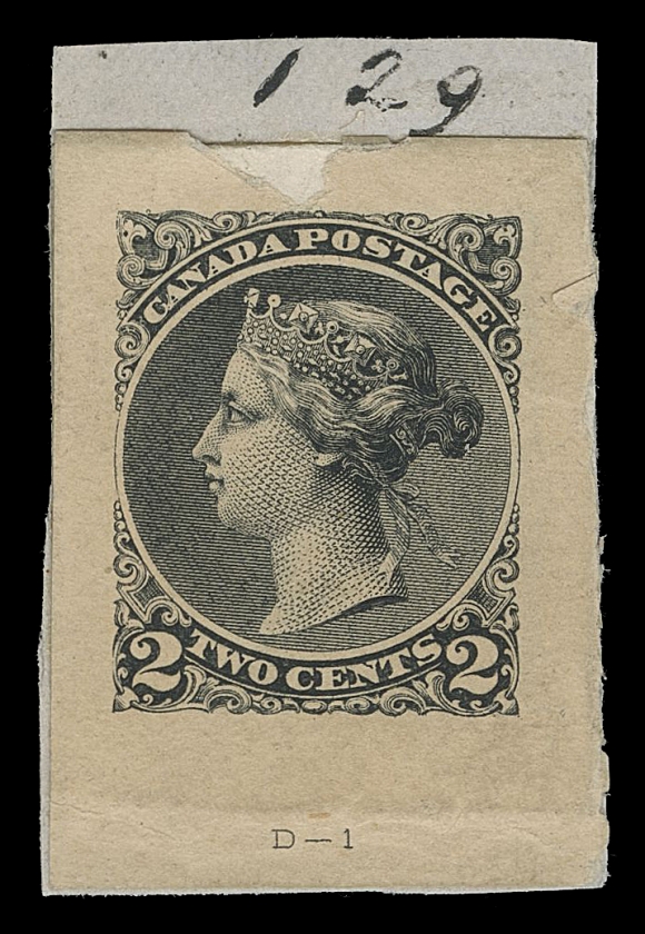 CANADA -  5 SMALL QUEEN  Canadian Bank Note Engraving & Printing Co. Engraved Composite  Die Essays consisting of 1c & 3c plus 5c, 10c & 15c; affixed to  archival ledger piece with ink annotation "136" (partial) and  "137" above. Also a 2c, also engraved and in black with unusual  die number "D-1" below design, affixed to similar ledger piece  with "129" at top. The 1c, 2c and 5c are faulty, the others are  essentially sound. A glorious showpiece - the 5c, 10c & 15c are  great rarities. (Minuse & Pratt similar to Figure 3 - after  37E-a, without "100" counter, unlisted in this colour)Literature: Illustrated in "History of the Canada Bank Note  Engraving & Printing Company" article by Christopher Ryan, BNA  Topics, Whole Number 482, Vol. 57, No. 1, January - March 2000,  pages 6-22 (as Figure 1). And pictured on the front cover of the journal.