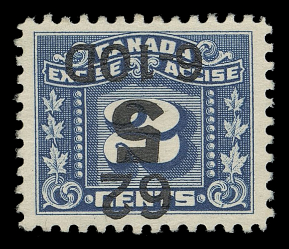 CANADA REVENUES (FEDERAL)  FX112,Excise Tax 1940 "5" on 2c Blue, Three-Leaf, Perf 13x12½ Precancel "62 / 5 / 6-10D" inverted surcharge in black by Imperial Tobacco Company with permission from the government, unusually choice and rarely seen, XF