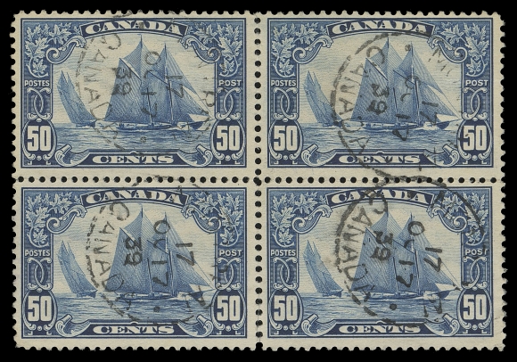CANADA -  8 KING GEORGE V  158iii,A used block postmarked Montreal OC 17 39 CDS, the lower right shows the elusive "Man on Mast" variety clear of the postmark; faint bends on top right stamp, a rare used block showing the variety, F-VF